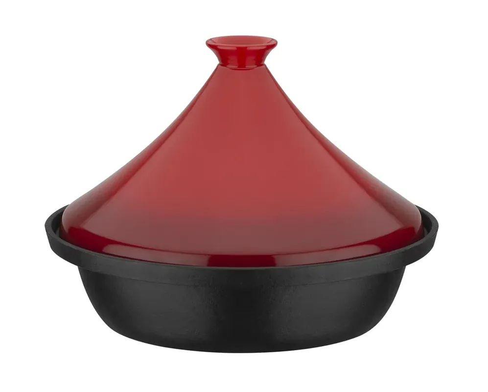 Gusseisen Tajine 2-farbig Rot - Schmortopf mit Keramik Dampfhaube Kracherpreis